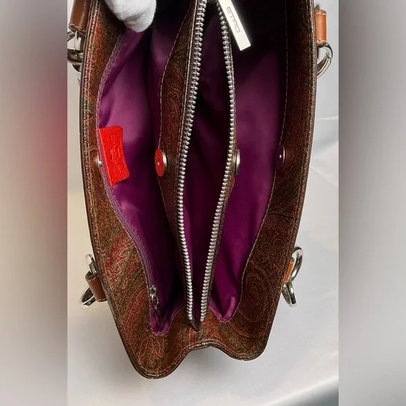 RARE Entro Paisley Handbag Satchel Satin Braided handles Fuchsia Lining vintage - Picture 9 of 16